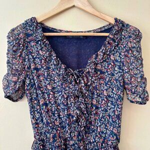 Zara Floral V Neck Ruched Sleeve Ruffled Dress Size Small